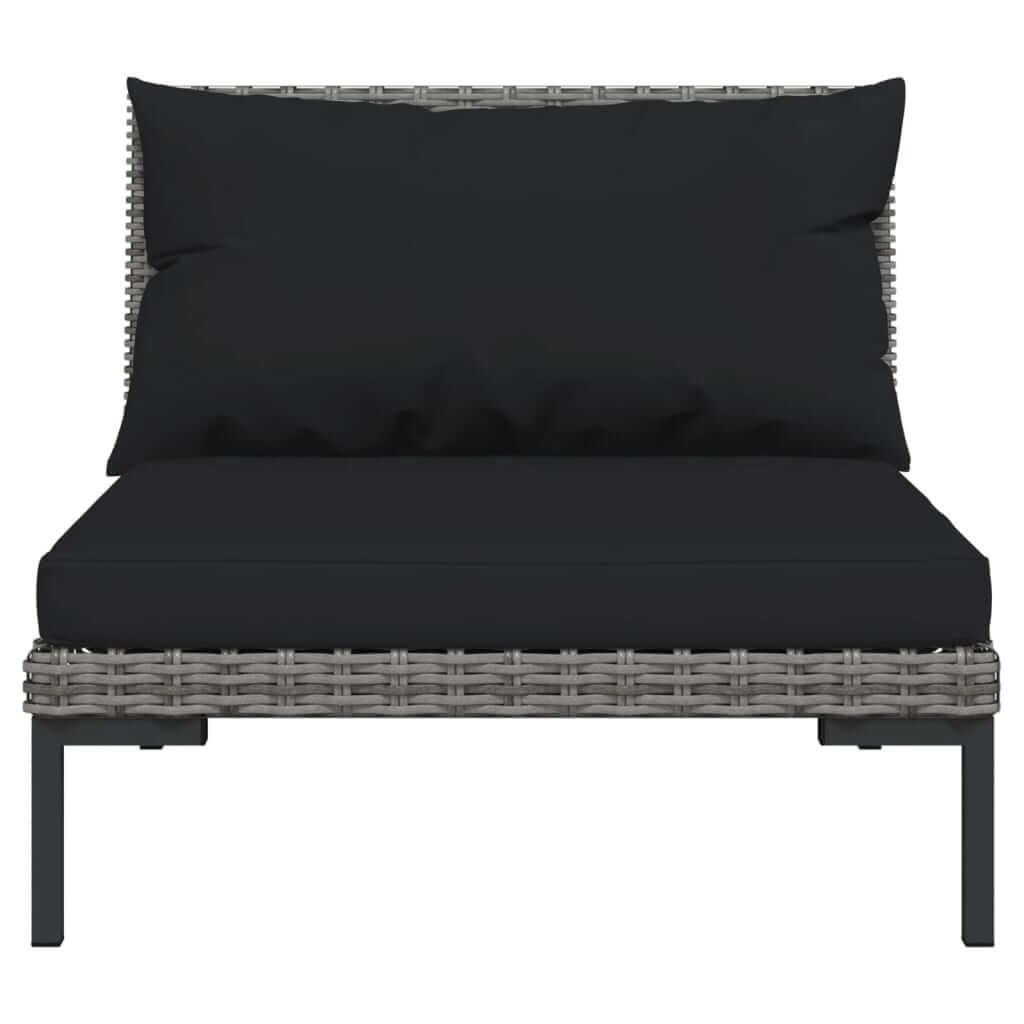 Dark grey outdoor lounge chair with black cushions, featuring a durable poly rattan frame for stylish relaxation.