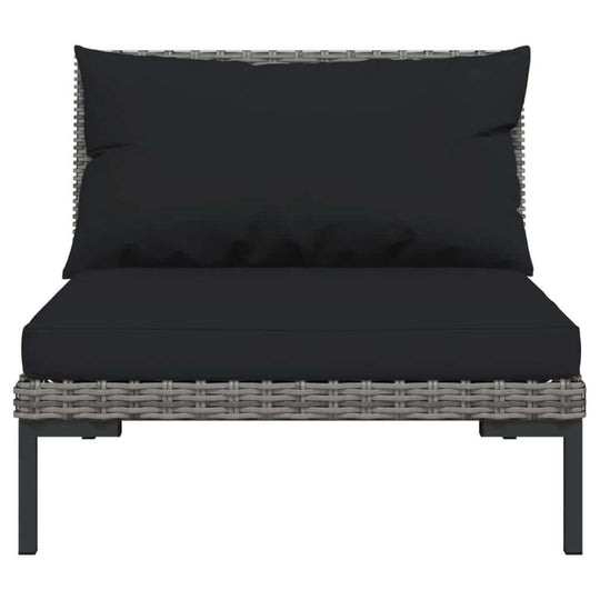 Dark grey outdoor lounge chair with black cushions, featuring a durable poly rattan frame for stylish relaxation.