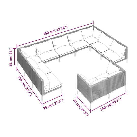 Dimensions of 11 Piece Garden Lounge Set with Cushions in Dark Grey, showcasing the layout and sizes of each piece.