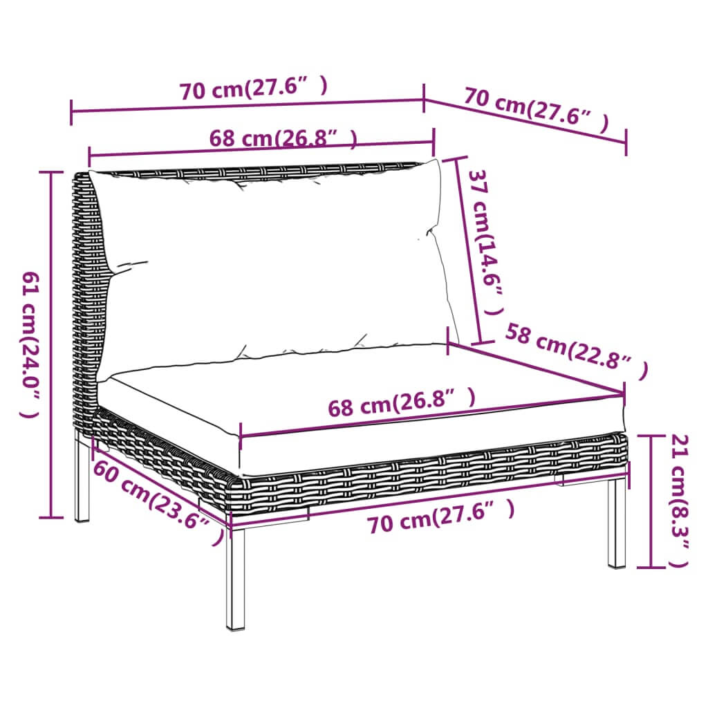 Dimensions of a dark grey garden lounge chair with cushions, showcasing measurements in centimeters for outdoor furniture design.