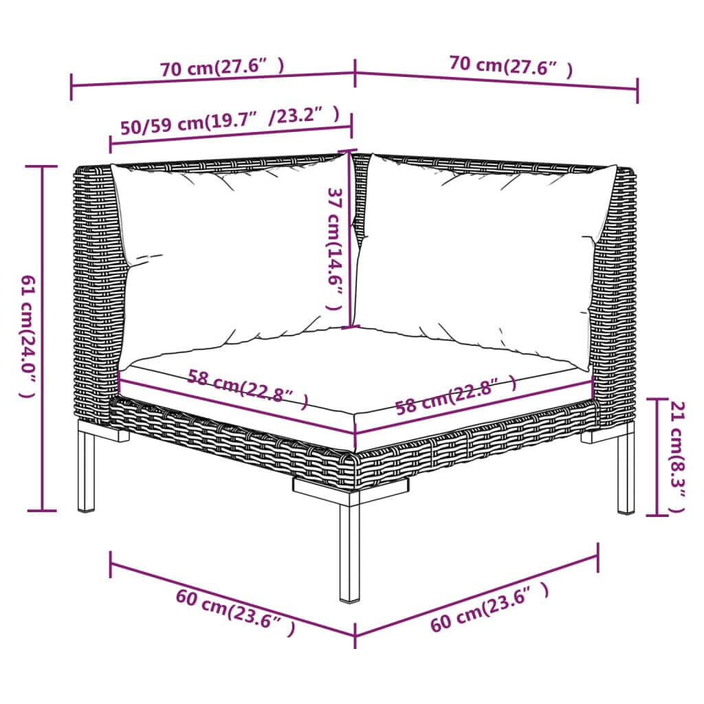 Garden lounge set corner sofa with dimensions, featuring cushions and sturdy rattan design for outdoor seating comfort.