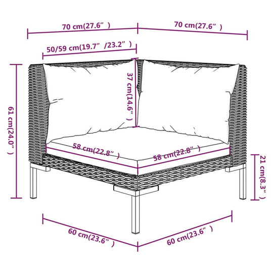 Garden lounge set corner sofa with dimensions, featuring cushions and sturdy rattan design for outdoor seating comfort.