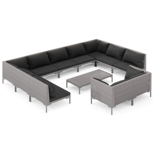 12 Piece Garden Lounge Set with Cushions Poly Rattan Dark arranged in a spacious outdoor setting with gray cushions.
