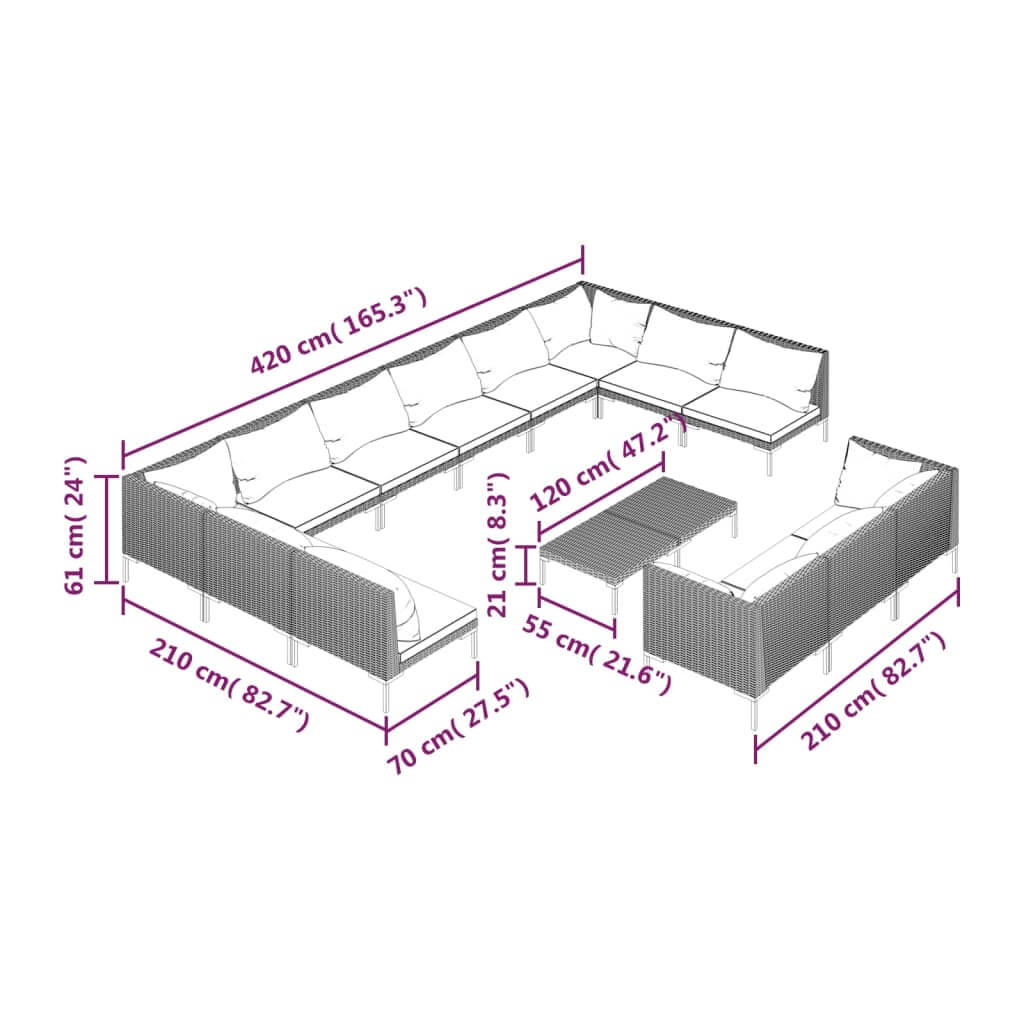 14 Piece Garden Lounge Set with Cushions Poly Rattan Dark dimensions diagram with measurements and layout.