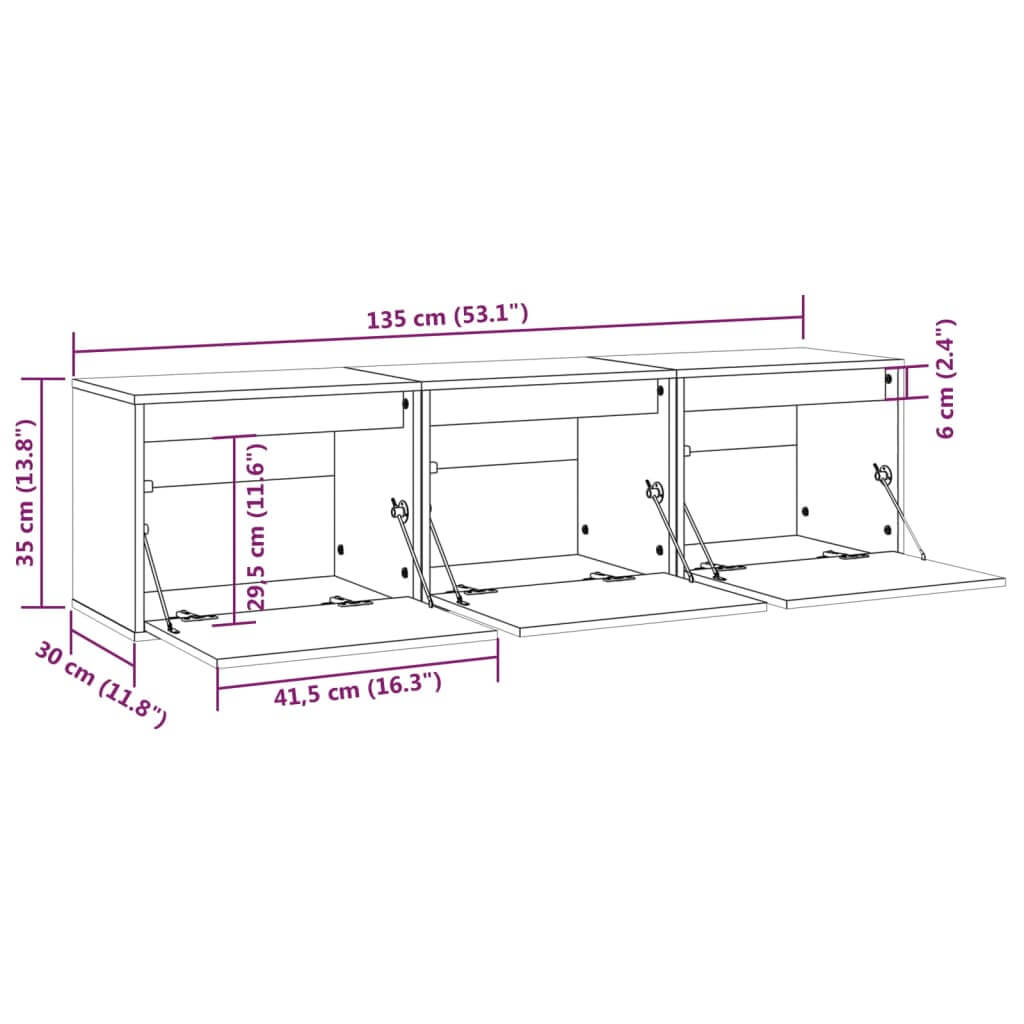 Dimensions diagram of a 3-piece solid wood pine TV cabinet with measurements for design and installation.