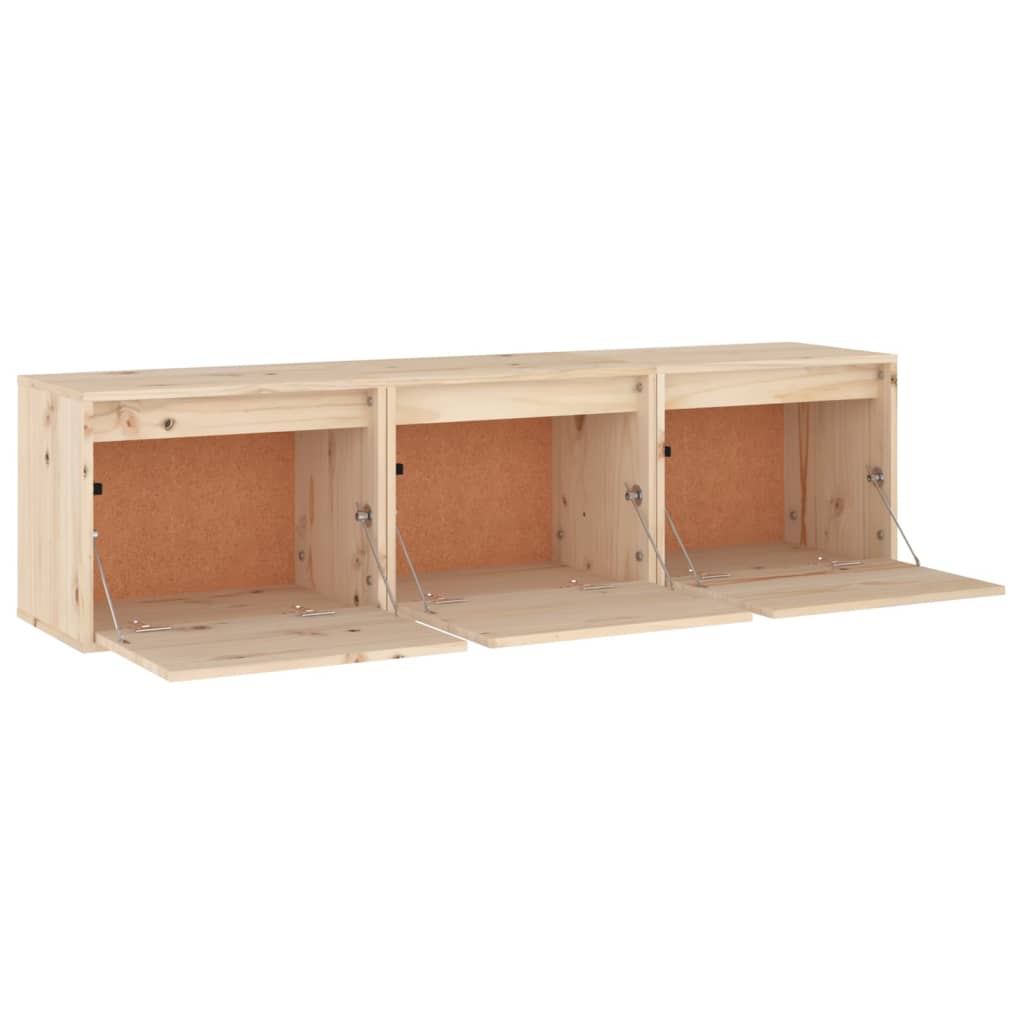 Solid wood pine TV cabinet with three compartments and drop-down doors, ideal for stylish and practical storage solutions.