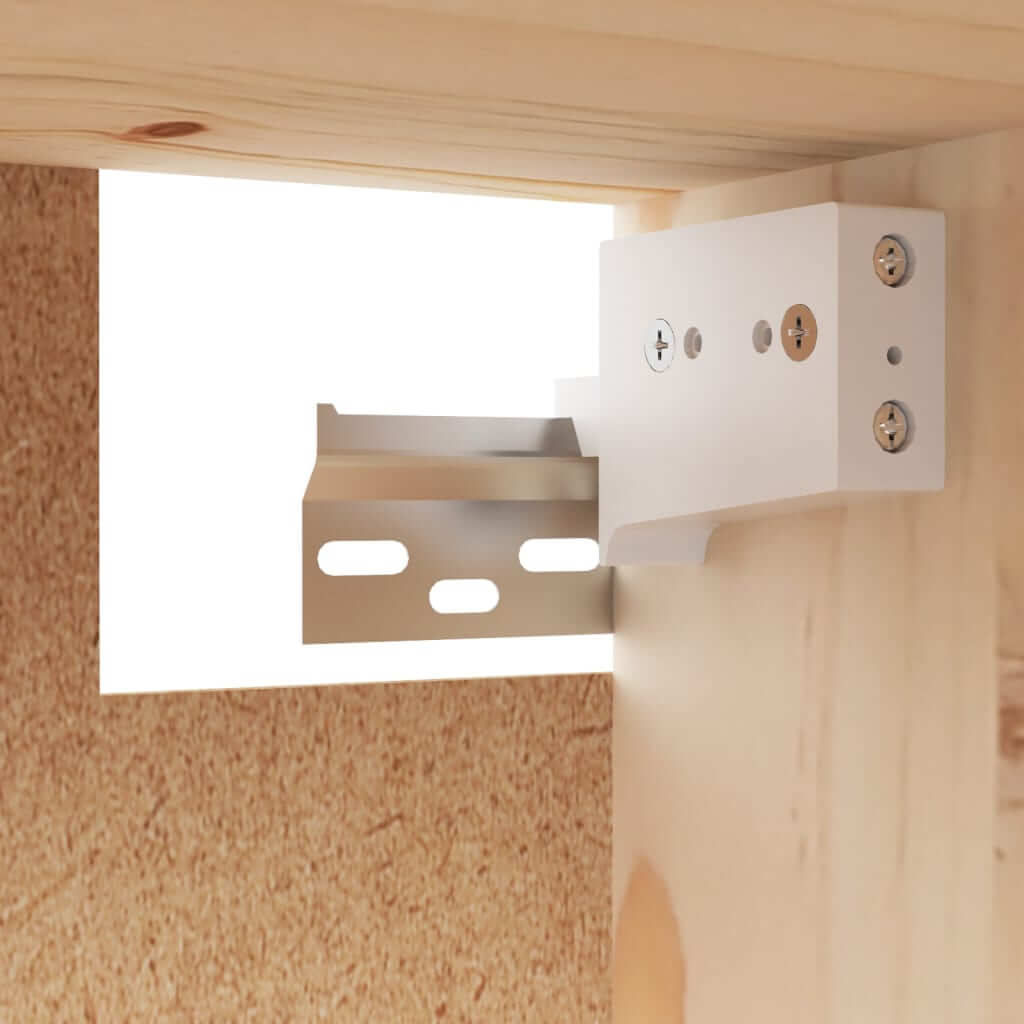 Close-up of a sturdy metal bracket attached to a solid wood cabinet for secure mounting and support.