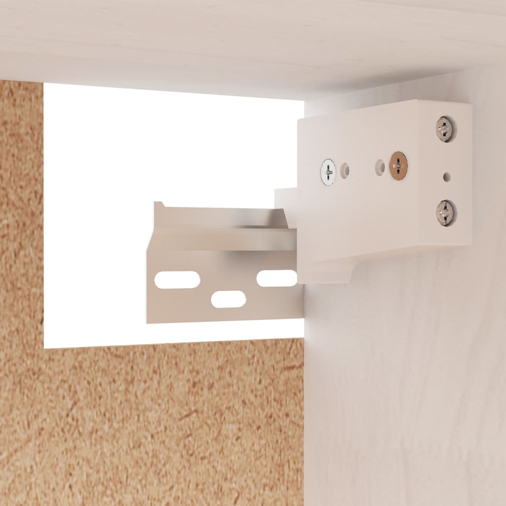 White cabinet mounting hardware for solid wood installation, ideal for secure wall unit assembly.