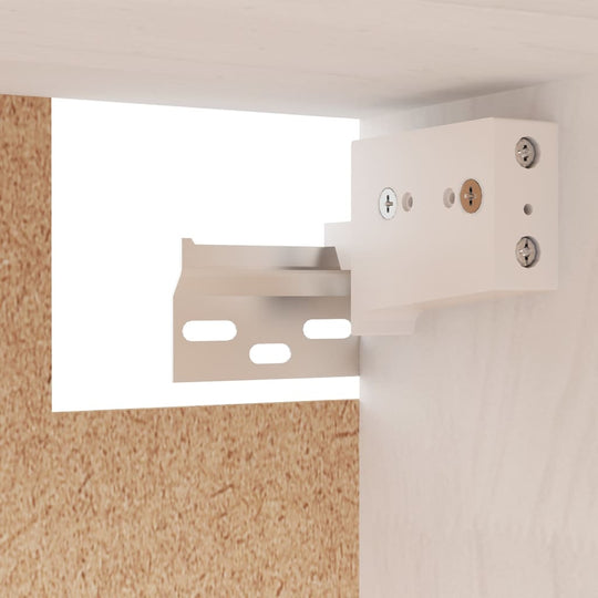 White cabinet mounting hardware for solid wood installation, ideal for secure wall unit assembly.