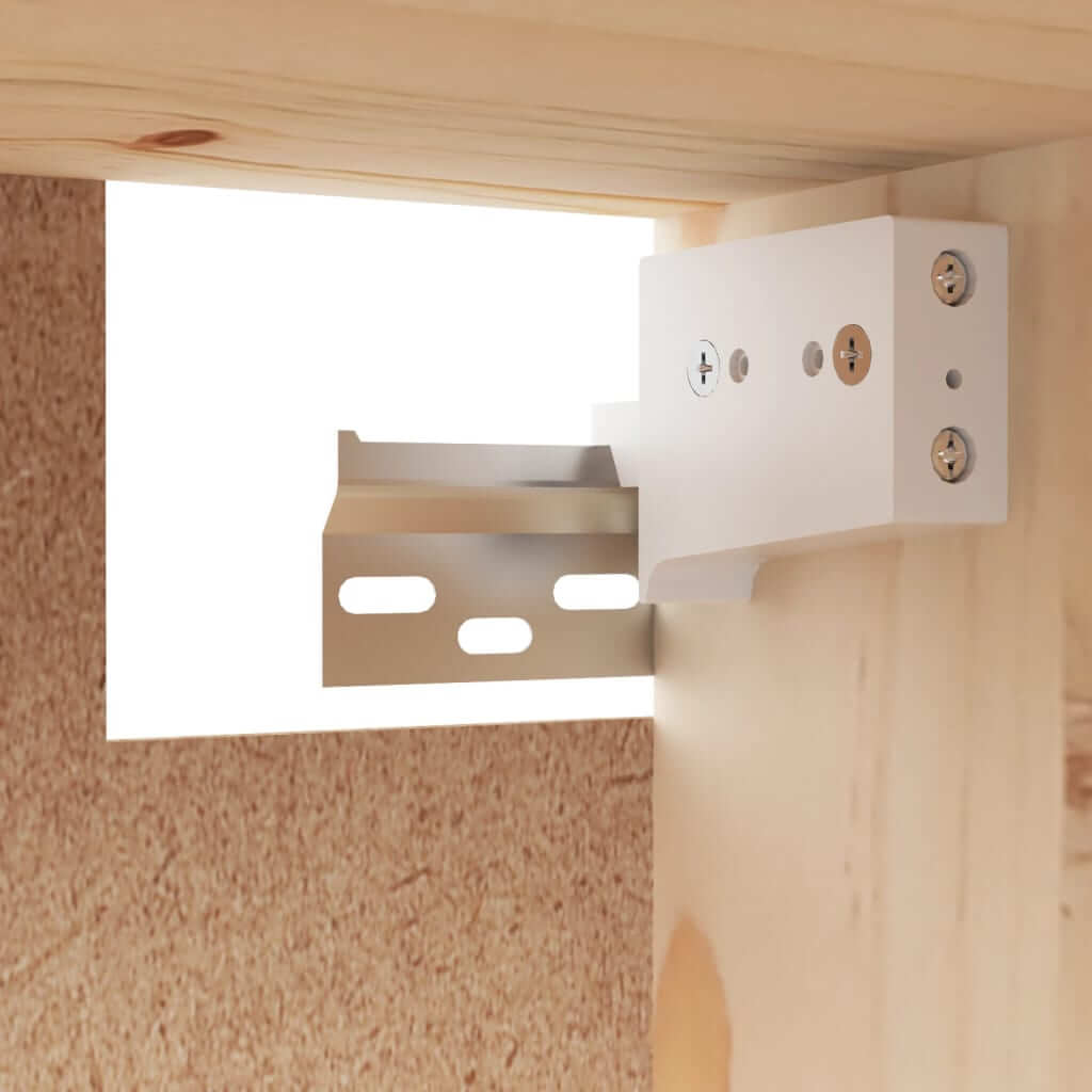 Close-up of a metal wall mounting bracket for secure installation of furniture, showcasing durability and ease of use.