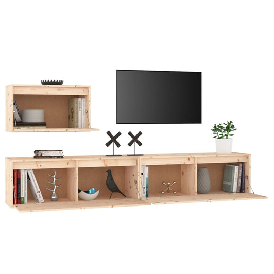 Solid wood pine TV cabinets setup with books, ornaments, and plant, enhancing room decor and functionality.