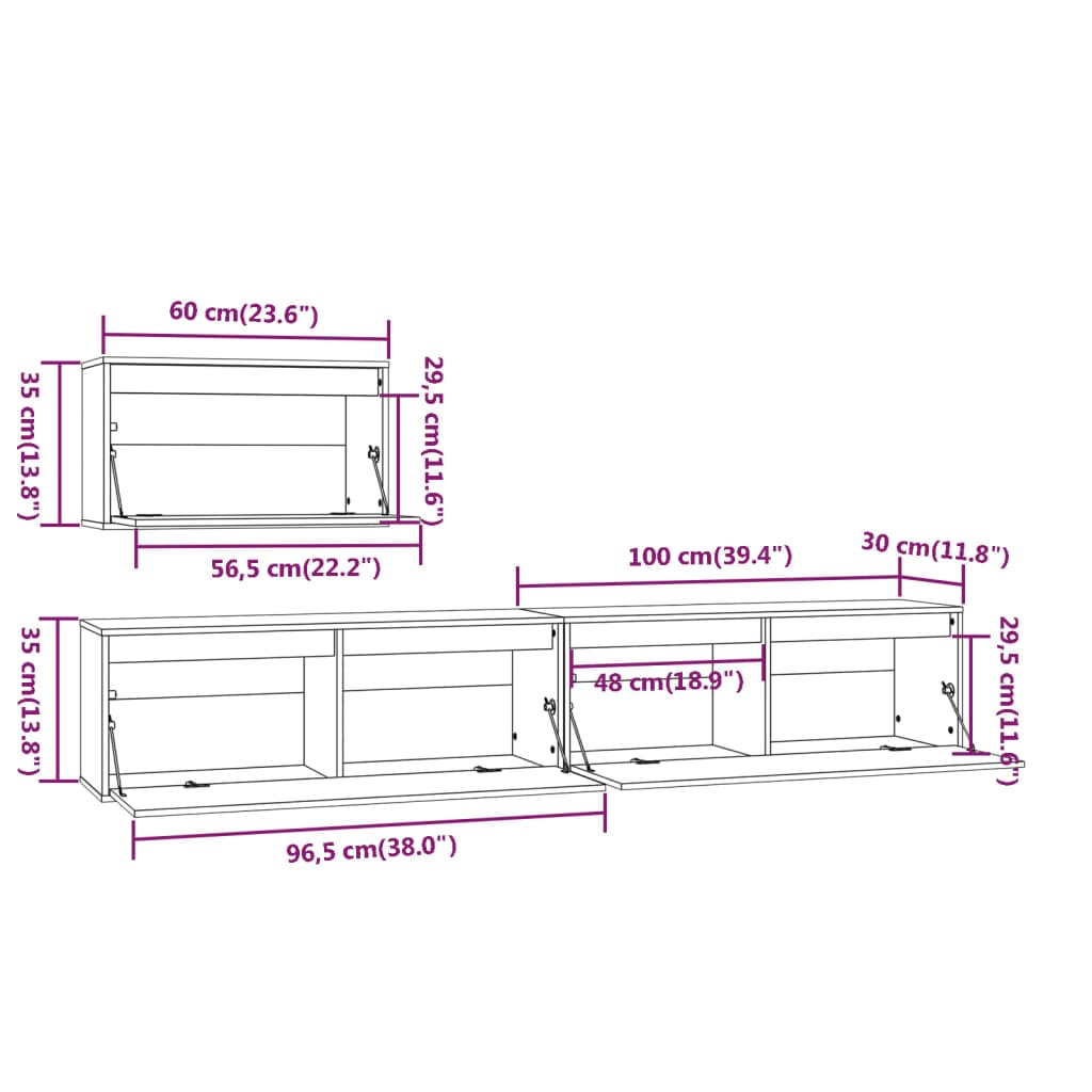 Dimensions of TV cabinets, solid wood pine, showcasing measurements for optimal placement and design features.