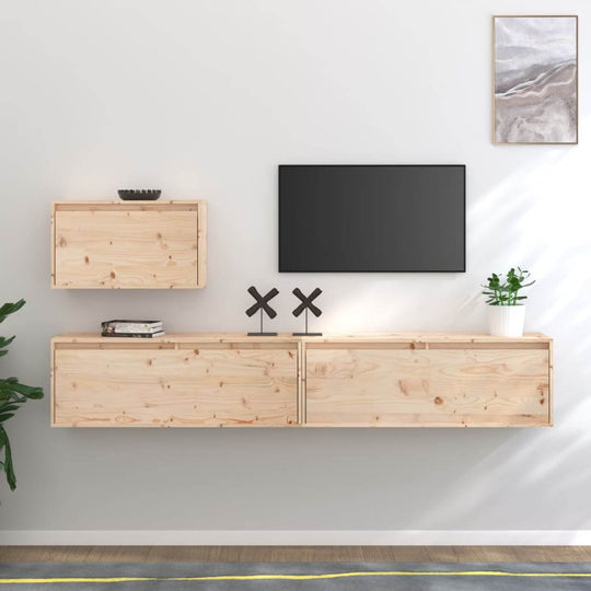 Modern solid wood pine TV cabinets mounted on a wall, featuring stylish design and practical storage for décor items.