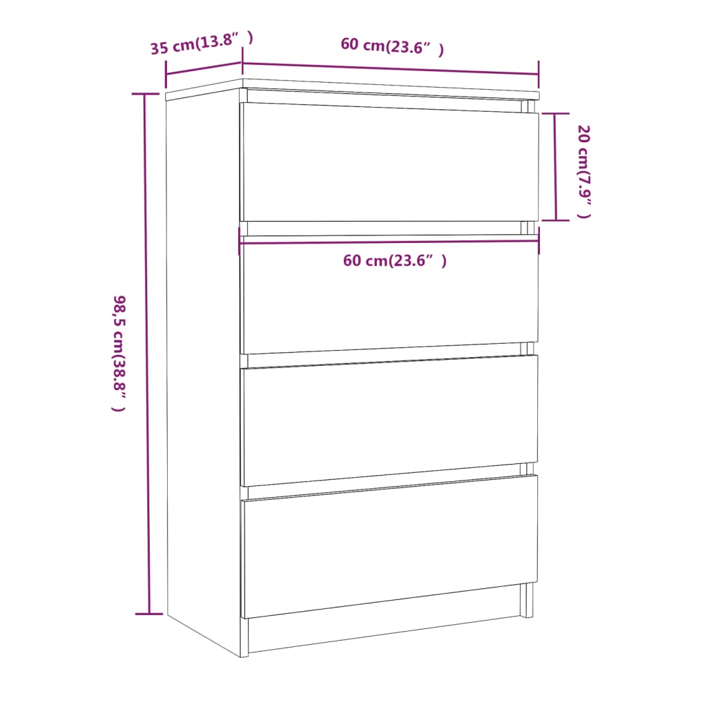 Diagram of a smoked oak sideboard with dimensions 60x35x98.5 cm, showcasing storage drawers and layout.