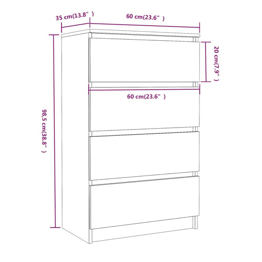 Diagram of a smoked oak sideboard with dimensions 60x35x98.5 cm, showcasing storage drawers and layout.