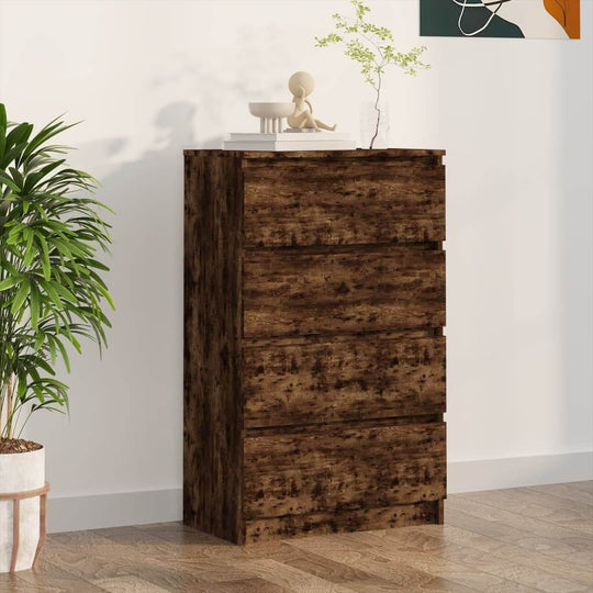 Sideboard in smoked oak finish with four drawers, ideal for storage and display in a minimalist room setting.