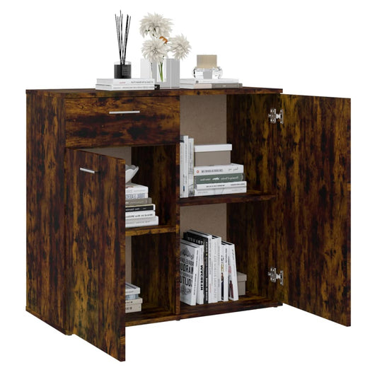 Sideboard in smoked oak finish with open doors, showcasing books and decor on a stylish minimalist design.