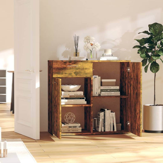 Sideboard in smoked oak with open shelves and drawer, showcasing books and decor in a bright room.