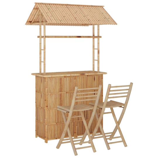 Piece Bar Set Bamboo with a stylish roof, showcasing durable bamboo construction and sturdy chairs.