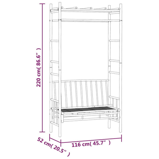 Diagram of VidaXL Garden Bench with Pergola 116 cm Bamboo by CherryFurnie showing dimensions