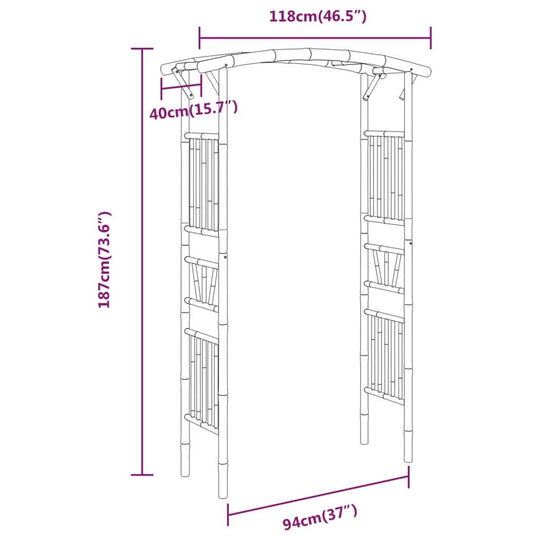 Detailed dimensions of the Rose Arch Bamboo garden arbour, showing height, width, and depth measurements.