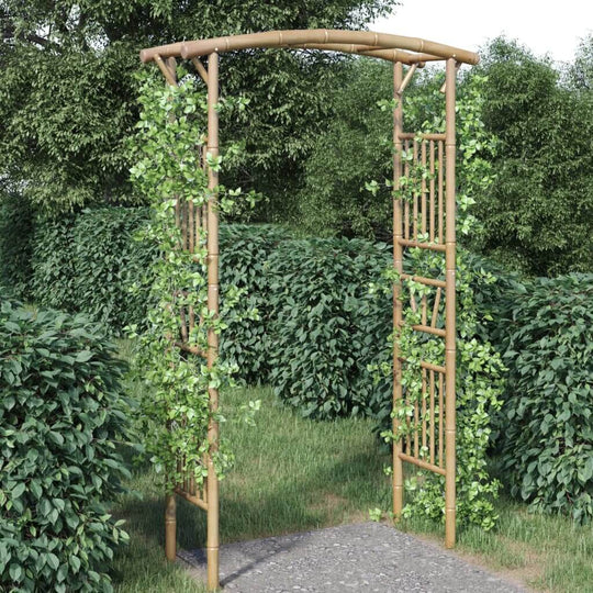 Bamboo rose arch with climbing plants, creating an inviting garden entrance surrounded by lush greenery.