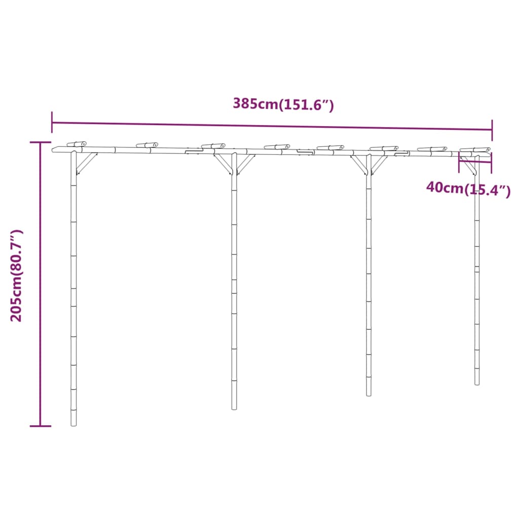 Line drawing illustrating dimensions of Pergola Bamboo 385x40x205 cm with weather-resistant features for garden or patio.