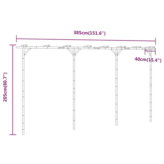 Line drawing illustrating dimensions of Pergola Bamboo 385x40x205 cm with weather-resistant features for garden or patio.