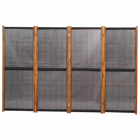 4-panel black room divider made of solid acacia wood, ideal for creating private spaces in indoor or outdoor settings.