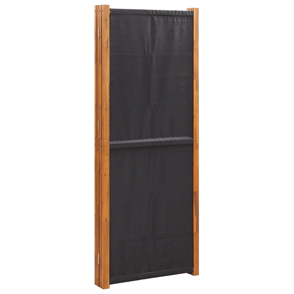 4-panel room divider in black with acacia wood frame, perfect for creating private spaces in indoor or outdoor areas.