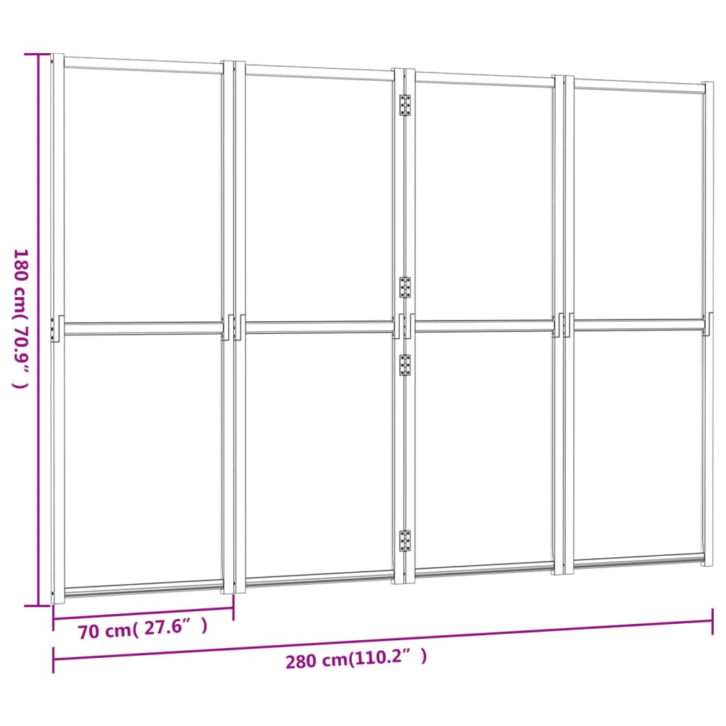 Dimensions of a 4-panel black room divider, 280x180 cm, showcasing its versatile design for indoor and outdoor spaces.