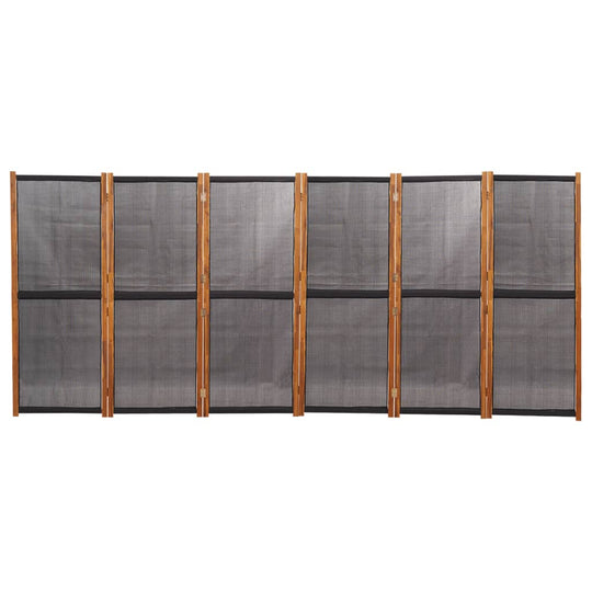 6-panel black room divider made of acacia wood, perfect for indoor or outdoor living spaces, foldable design for easy storage.