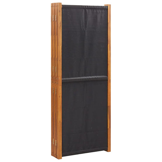 6-panel black room divider made of solid acacia wood, perfect for indoor and outdoor living spaces, showcasing foldable design.