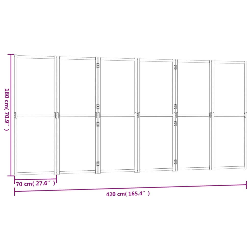 6-panel room divider dimensions 420x180 cm showing a foldable design for indoor and outdoor spaces.