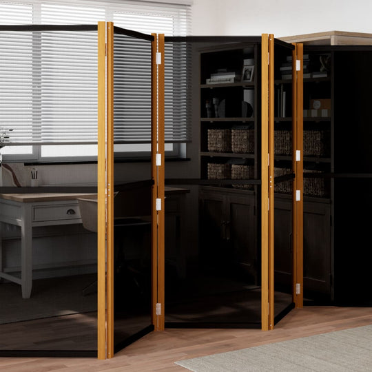 6-panel room divider in black and wood, perfect for creating private spaces in indoor or outdoor living areas.