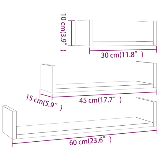 Dimensions of grey Sonoma engineered wood wall display shelves: 30cm, 45cm, and 60cm with 10cm height.