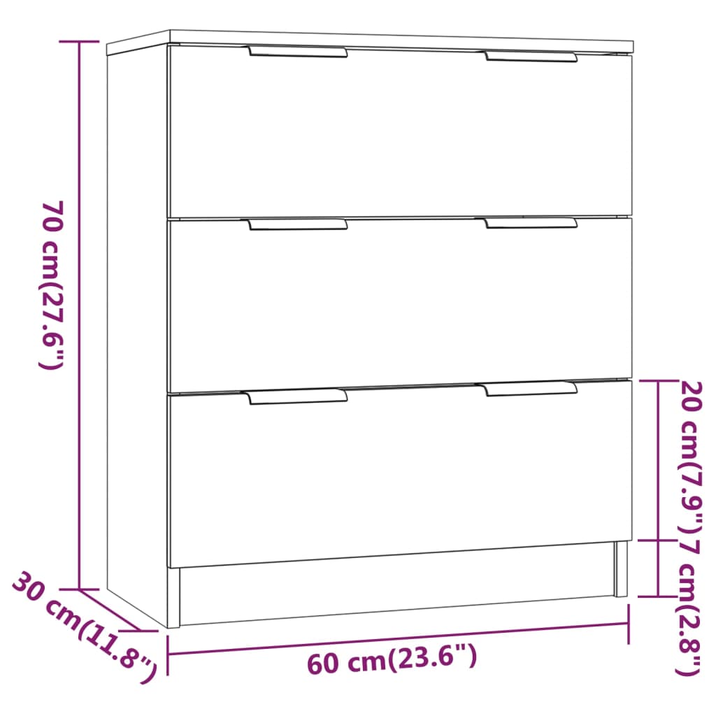 Sideboard dimensions illustration with 3 drawers, measuring 60x30x70 cm, showcasing engineered wood design and storage options.