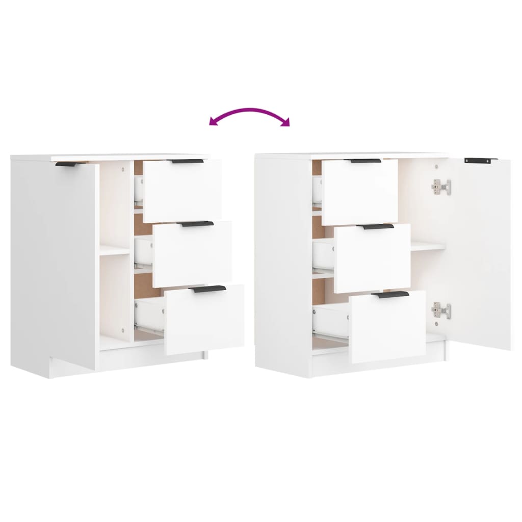 Sideboard in white engineered wood with versatile storage options and adjustable door assembly for user convenience.