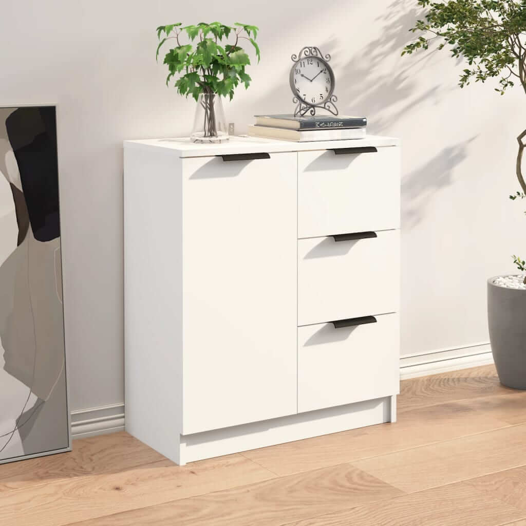 Modern white sideboard made of engineered wood with three drawers, perfect for minimalist home decor.