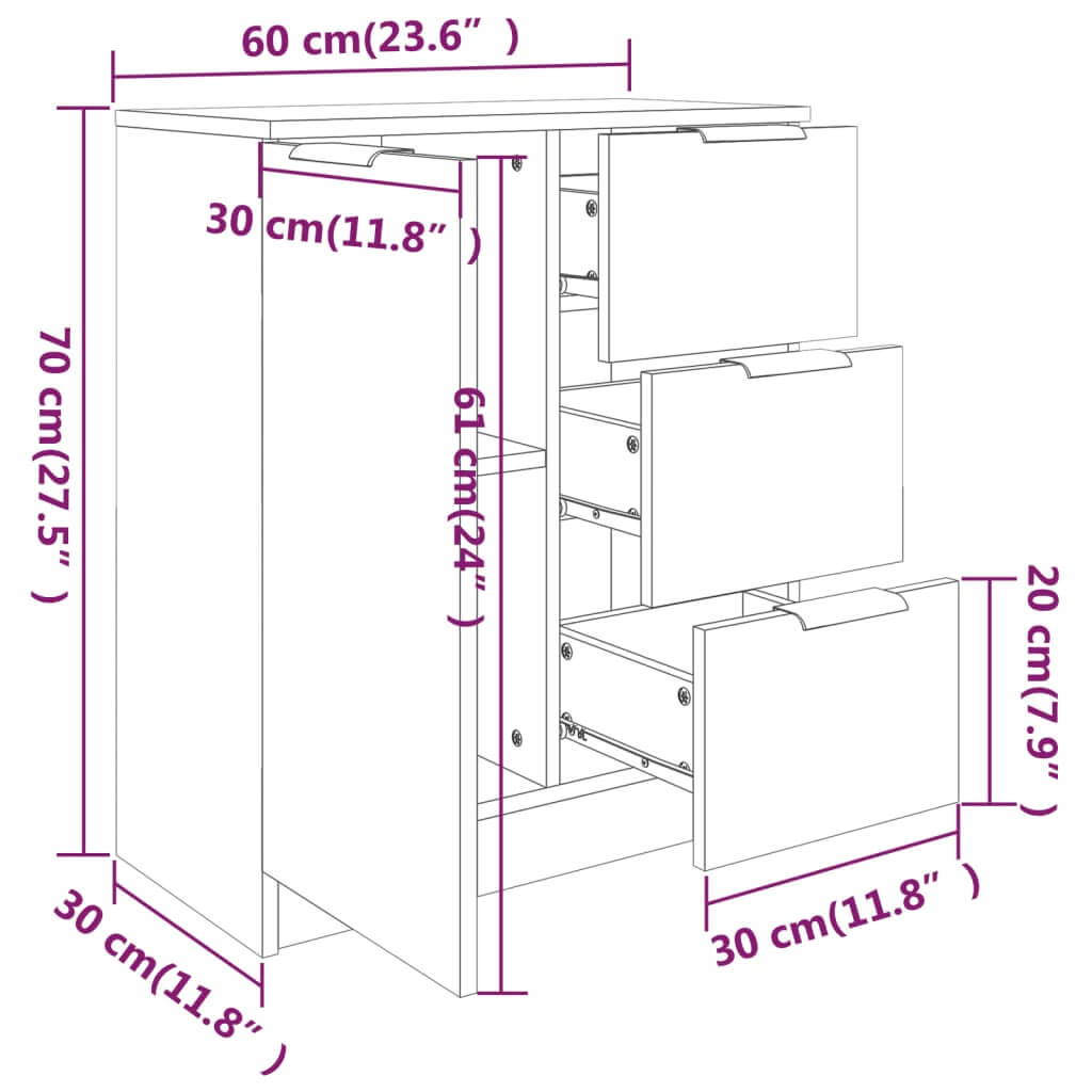 Diagram of a sideboard with dimensions, showcasing a minimalist design with multiple drawers and smooth, engineered wood surfaces.