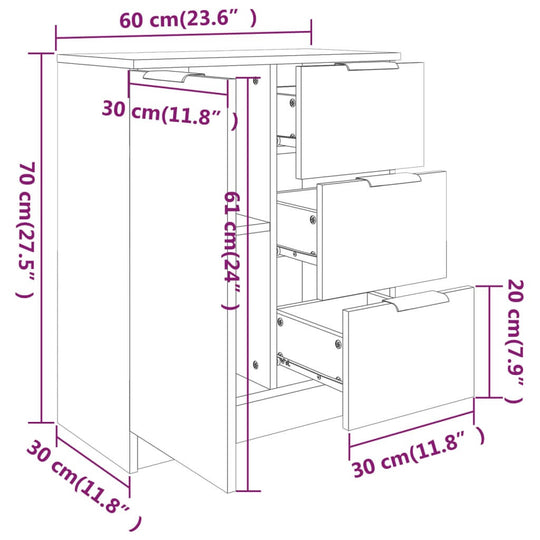 Diagram of a sideboard with dimensions, showcasing a minimalist design with multiple drawers and smooth, engineered wood surfaces.