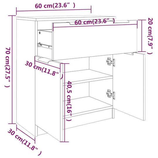 Dimensions of Sonoma Oak Sideboard 60x30x70 cm showcasing a drawer and two doors for storage.