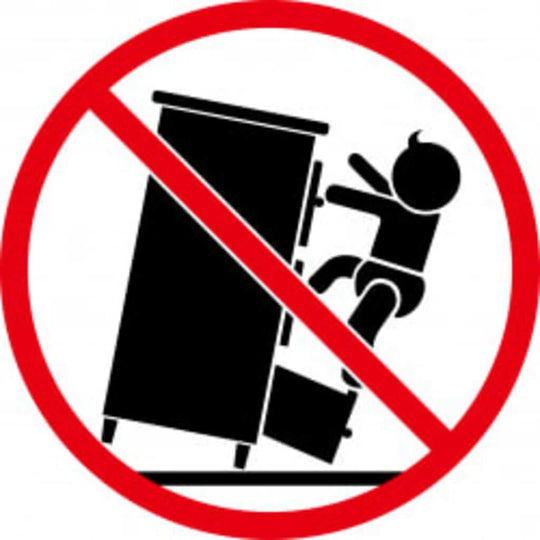 Warning sign against children climbing furniture, indicating safety precautions to prevent tipping hazards.