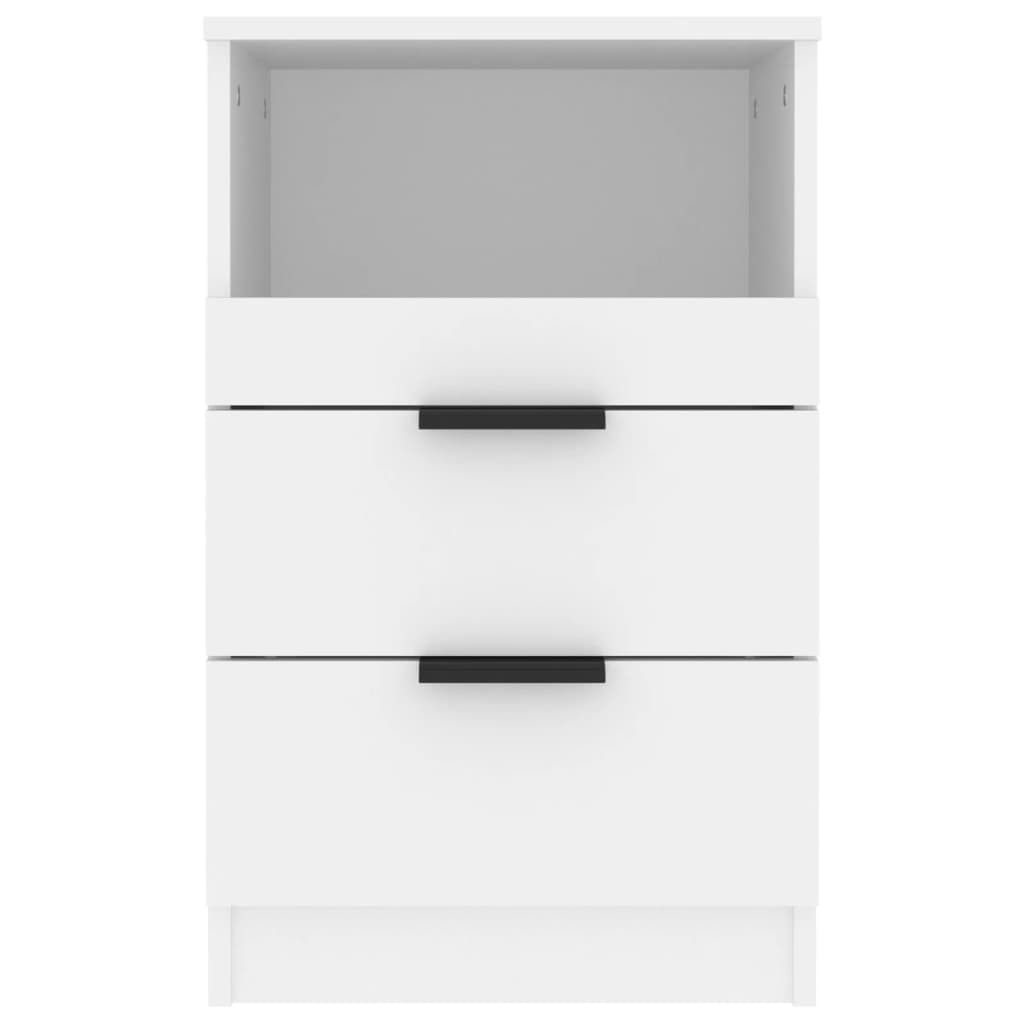 White engineered wood bedside cabinet with two drawers and a compartment, featuring sleek black handles and modern design.