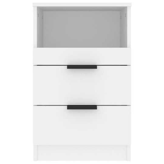 White engineered wood bedside cabinet with two drawers and a compartment, featuring sleek black handles and modern design.