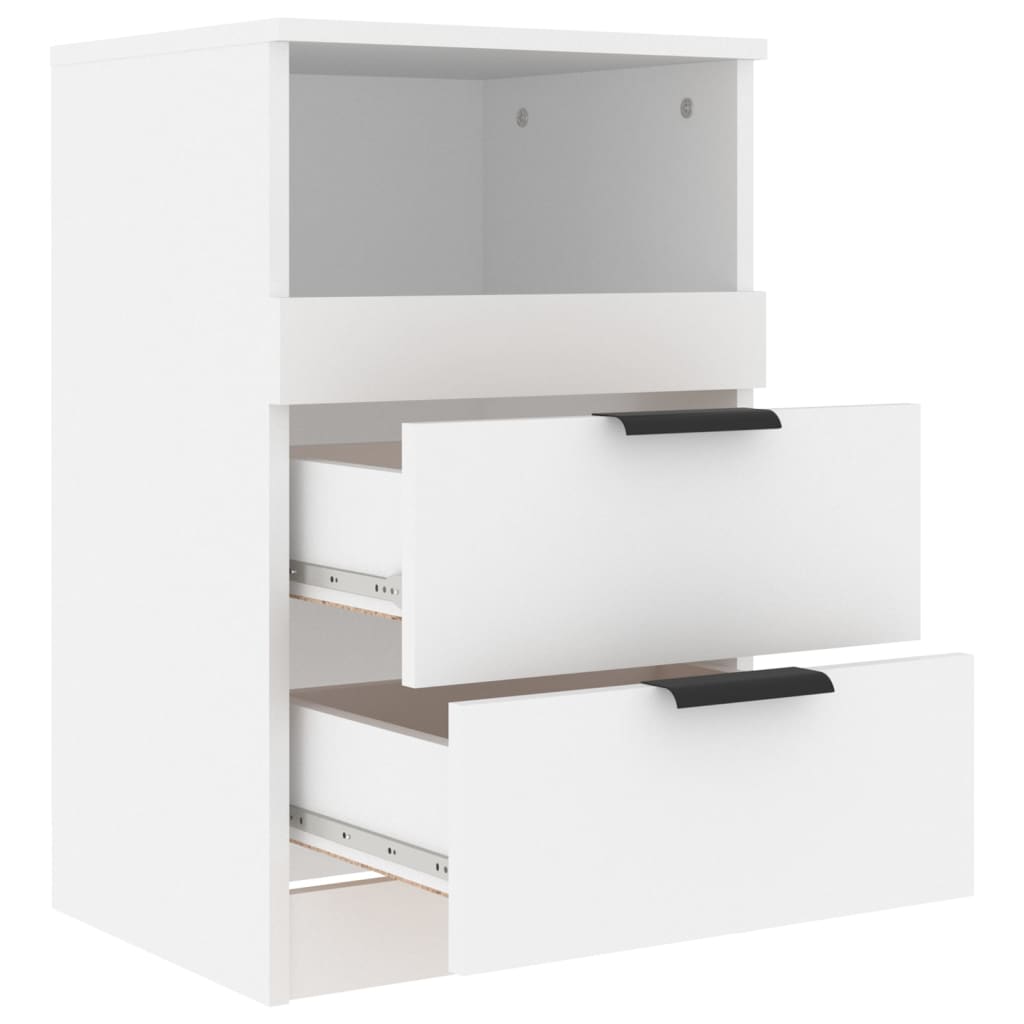 White engineered wood bedside cabinet with two drawers and an open compartment for stylish storage solutions.