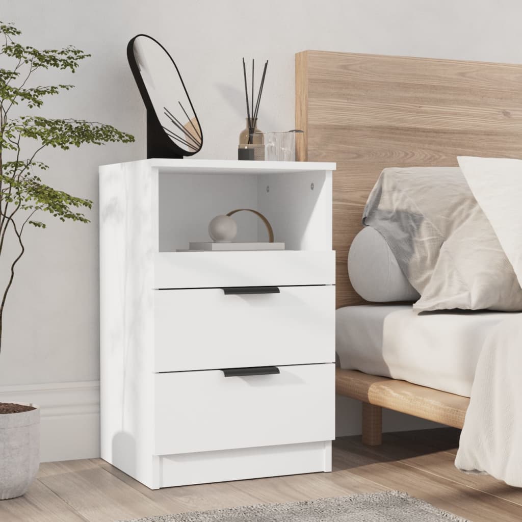 Elegant white bedside cabinet with two drawers and a compartment, featuring a modern design in an interior bedroom setting.