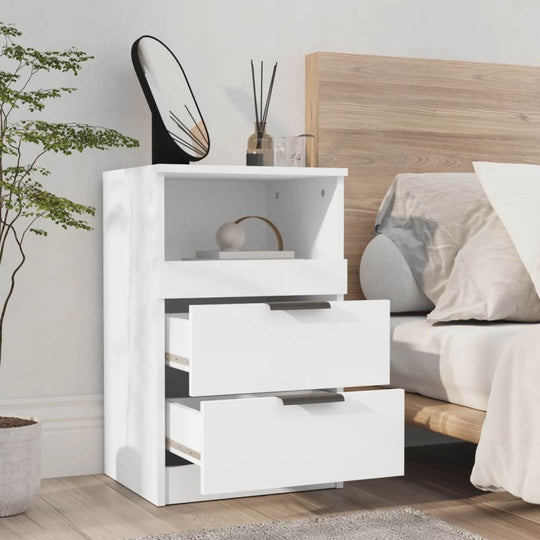 Elegant white bedside cabinet with two drawers and open shelf, perfect for modern bedroom decor.