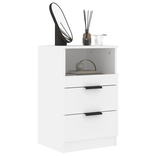 White engineered wood bedside cabinet with 2 drawers, open compartment, and decorative mirror, ideal for elegant interior decor.