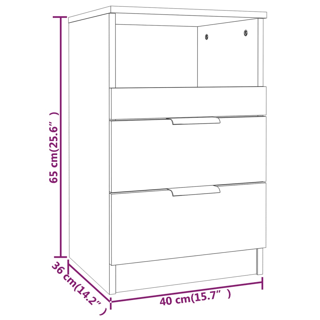 Bedside cabinet dimensions diagram with measurements in cm and inches, showcasing 2 drawers and 1 compartment design.